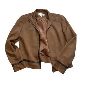 Brown Suede-Like Jacket with Leather Trim, Lined Interior & Zipper Closure
